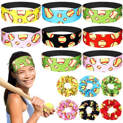 Juexica 24 Pack Softball Stretch Headbands and Softball Hair Scrunchies Set Includes 12 Pack Non Slip Softball Headbands 12 Pack Rounds Elastic Hair Bands for Women Girls Teens Adults