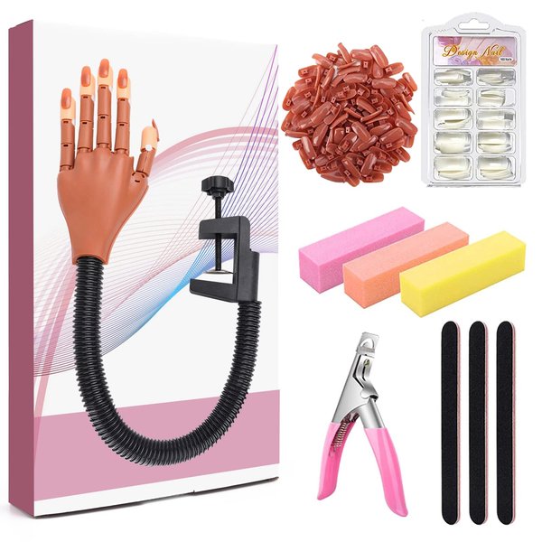 Practice Hand for Acrylic Nails, Adjustable Fake Mannequin Hands for Nails Practice, Flexible Movable Nail Tools Kits Practice Hand with Nail File, Clipper and 100pcs Coffin Nail Tips