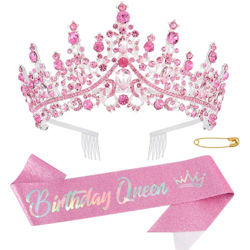 CHANACO Birthday Crown Birthday Sash Birthday Crowns for Women Birthday Queen Sash Pink Princess Tiara Happy Birthday Decorations Rhinestone Headband Birthday Party Gifts