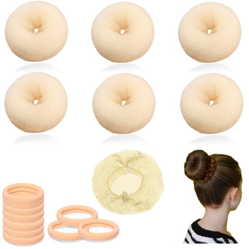 Small Hair Bun Maker for Kids - 6 PCs Chignon Sock Forms, Mini Doughnut Shapers for Short and Thin Hair (5 Invisible Nets, 10 Elastic Bands) Beige