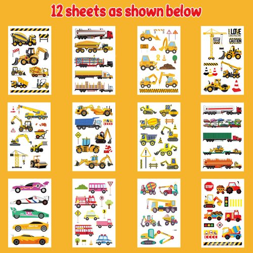 Partywind 110 PCS Cars and Trucks Temporary Tattoos for Kids, Construction Tractor Themed Birthday Party Supplies Decorations for Boys, Construction Trucks Fake Tattoos Stickers for Toddlers