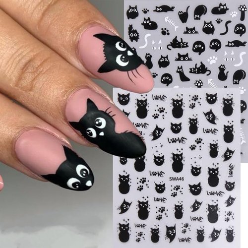 Cat Nail Art Sticker Cute Black Cat Nail Decals 4PCS Self-Adhesive Little Cat Stickers for Nail Black White Animal Nail Art Design Sticker Supplies for Women Girls Manicure Nail Art Decorations