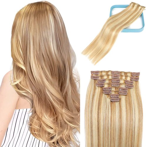 LORIEN Clip in Hair Extensions Real Human Hair, 22 Inch 110g, 18/613 Dark Blonde Highlighted Bleach Blonde, Clip in 100% Brazilian Remy Human Hair Extensions 8pcs Per Set with 18 Clips Double Weft