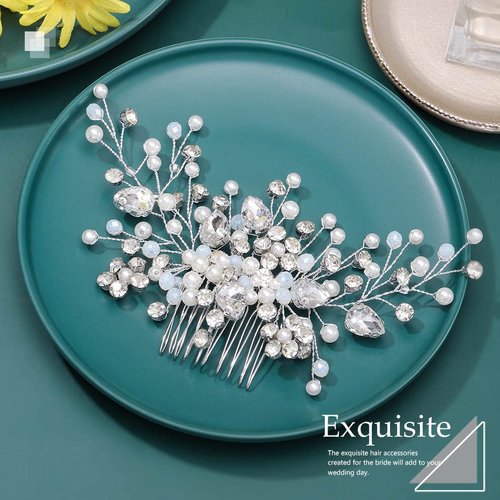 Easedaily Crystal Bride Wedding Hair Comb Silver Rhinestone Bridal Hair Piece Pearl Headpiece Hair Accessories for Women
