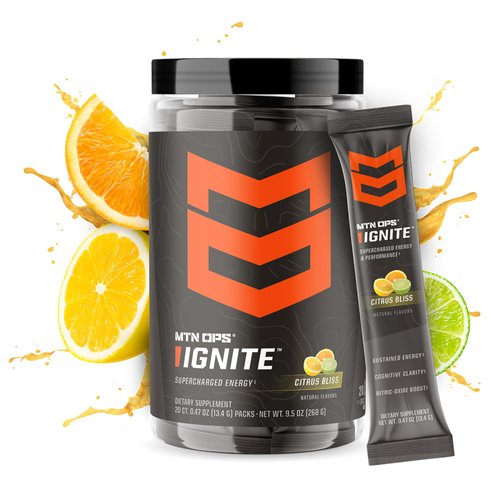 MTN OPS Ignite Trails Packs Energy Drink Powder | Gluten Free Nitric Oxide Supplement Drink Mix | L Arginine, L Citrulline, Caffeine & Nootropic Sugar Free Drink Mix | 20 Servings, Citrus Bliss