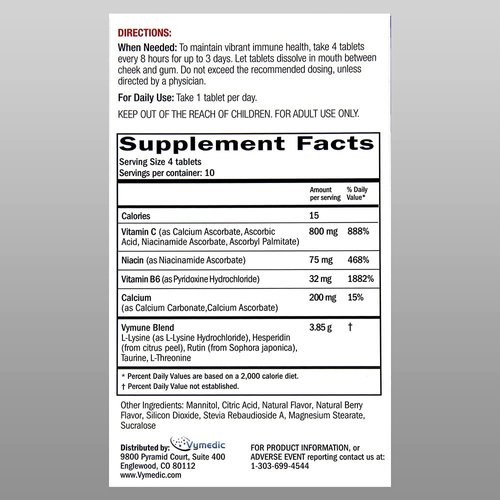 Vymune Amino-Acid Advanced Immune Support Supplement with Powerful Amino Acids Taurine, Lysine and Threonine Meltaway Tablets, Berry Flavored – for Adults (800mg Vitamin C, 40ct.)