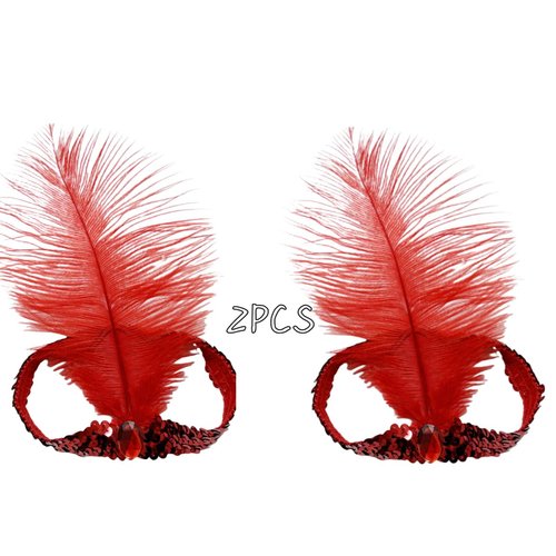 XKTEI 2pcs Feather Headdress,Sequins Headband,1920s Flapper Headpiece,Carnival Party Headwear,Costume for Gatsby Theme Party,Mardi Gras Feather Headband (Red-1)