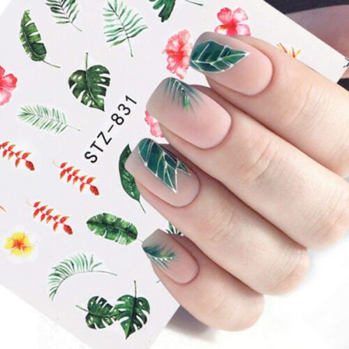 Kalolary 29Pcs Nail Stickers Water Transfer Fresh Nail Decals for Nail Art, Butterfly Palm Leaf Flower Nail Design Stickers for DIY Nails Design Manicure Tips Decorations