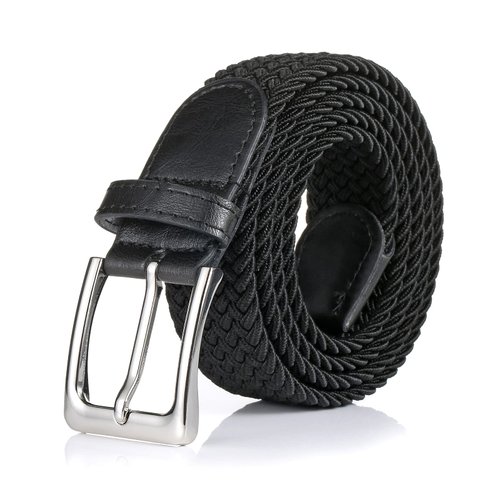 BSLLNEK Elastic Braided Belt, 1 3/8", Woven Stretch Belt for Golf Casual Jeans Shorts Pants (Black, Medium (33-36" Waist))