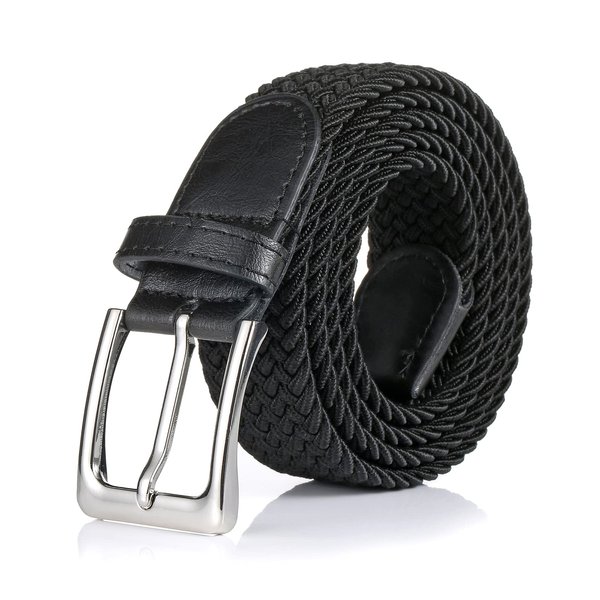 BSLLNEK Elastic Braided Belt, 1 3/8", Woven Stretch Belt for Golf Casual Jeans Shorts Pants (Black, Medium (33-36" Waist))