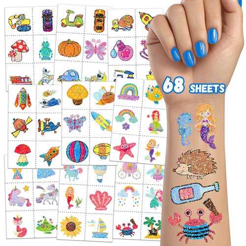 TatoYard 408 PCS Individually Wrapped Kids Tattoos for Party Supplies, 68 Sheet Temporary Tattoos Stickers, Birthday Bags Stuffers Fillers for Party favors Decorations (Glitter)