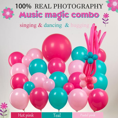 FROUFING Hot Pink Teal Balloon Garland Kit 152 Pcs Pastel Pink DIY Long Balloons for girls Birthday Party Music Dance Cartoon Animation Theme Decoration Supplies