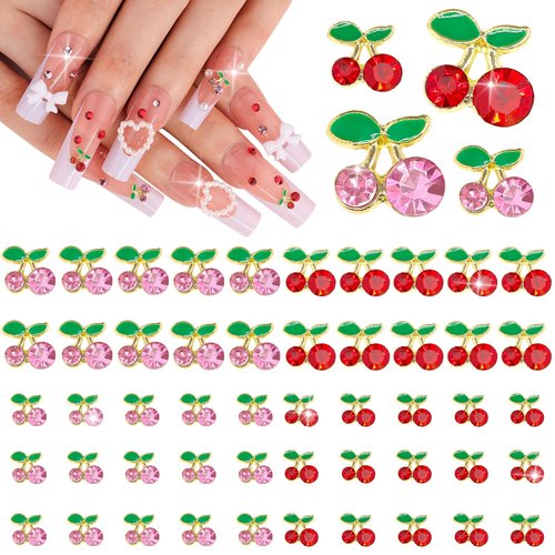 50Pcs 2 Sizes 3D Cherry Nail Charms, Pink + Red Shiny Cute Fruit Luxury Gems, Crystal Diamond Jewels Studs with Rhinestones for Nail Design, Nail Art Decoration Set for Acrylic Nails