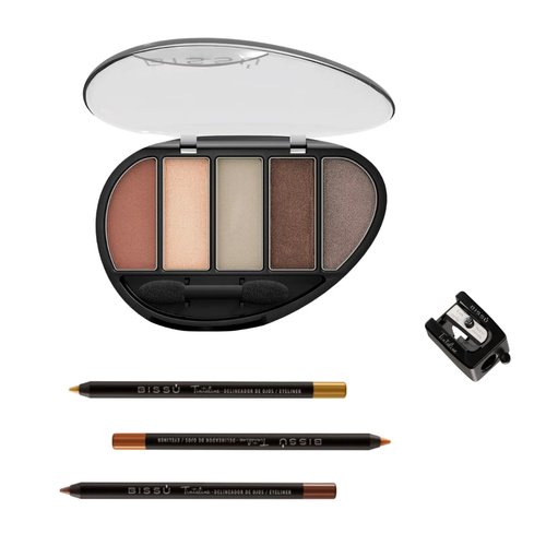 Bissú Eye Makeup Kit: Eye Shadow Palette & 3 Creamy Tintaline (Gold, Bronze, Earthquake) with 1 Pencil Sharpener