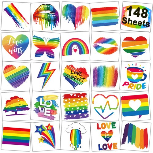CHARLENT Rainbow Temporary Tattoos 148 Individually Sheets - Pride Tattoos Heart Lips Love Rainbow Tattoos for Pride Festivals