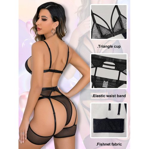 popiv Women's Sexy Lingerie Set with Garter Belt Matching Bra and Panty Lingeries Sets 4 Piece Black