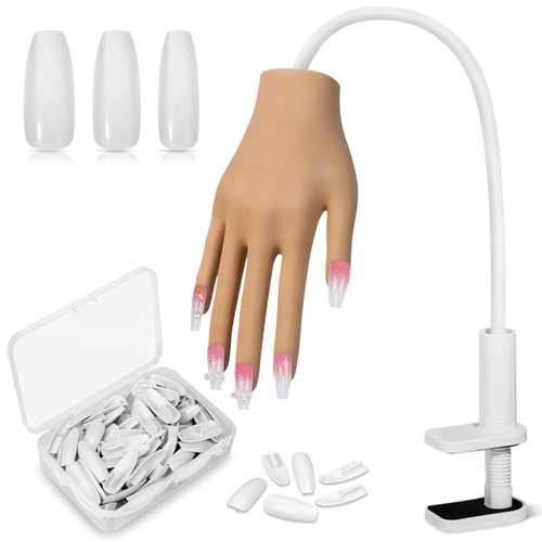 Practice Hand for Acrylic Nails, Flexible Movable Nail Practice Hands, 100PCS Nail Tips Never Fall Off Finger Never Break Nail Hand Practice, Silicone Acrylic Practice Hand Fake Hand for Nail Practice
