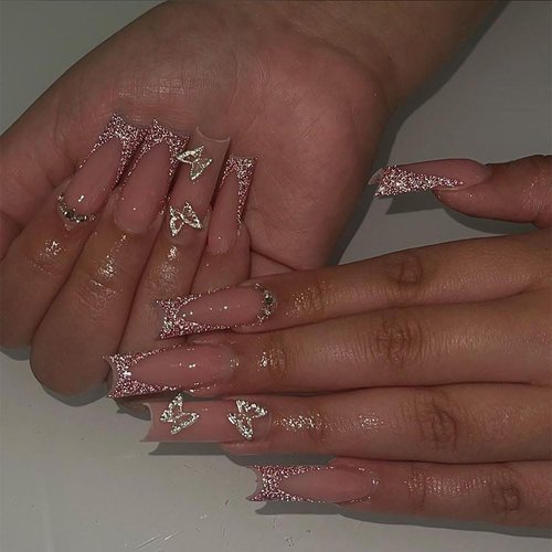 BAOYAALIN Press on Nails Medium Long Square Nude French Tips Glitter Fake Nails with 3D Butterfly Design Gel Glue on Nails for Women Girls Acrylic False Stick on Nail Manicure for Wedding 24Pcs