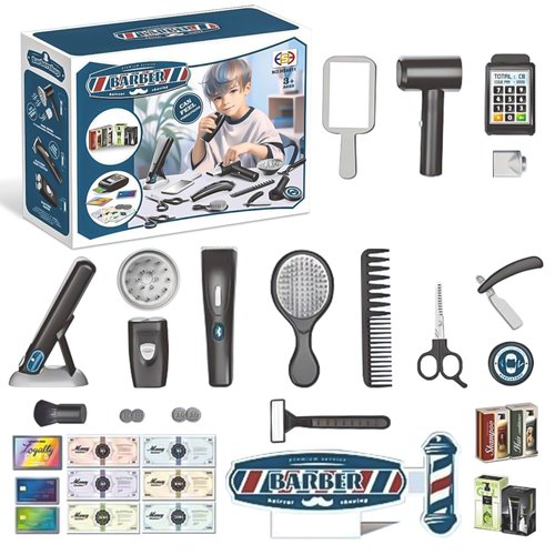 Pretend 35 Pcs Classic Barbershop Play Set for Kids - Create Your Own Hair Styles with Fake Razor, Blow Dryer, Comb, Shears, Scissors and More