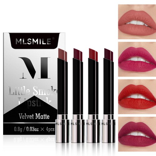 BEUKING 4 Pcs Smoke Matte Lipstick, Nude Velvet Cigarette Tude Lip Gloss Set, Long Lasting Waterproof Non-Stick Red Lip Stain, Non-Sticky Highly Pigmented, Non-sticky Sexy Charm for Lip Make up
