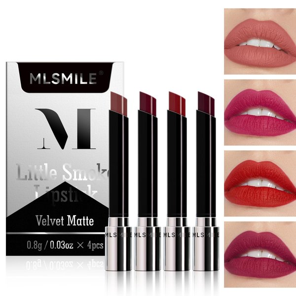 BEUKING 4 Pcs Smoke Matte Lipstick, Nude Velvet Cigarette Tude Lip Gloss Set, Long Lasting Waterproof Non-Stick Red Lip Stain, Non-Sticky Highly Pigmented, Non-sticky Sexy Charm for Lip Make up