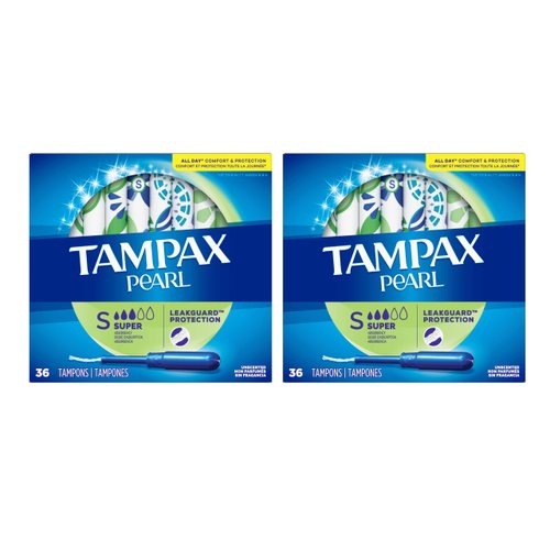 Tampax Pearl Plastic Super Absorbency, Unscented Tampons, 36 Count - Pack of 2 (72 Count Total)