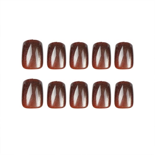 Short Press on Nails, Square Cat Eye Acrylic Nails Press ons Artificial Fake Nails Brown Full Cover False Nails with Designs Glossy Stick on Nails for Women 24 Pcs