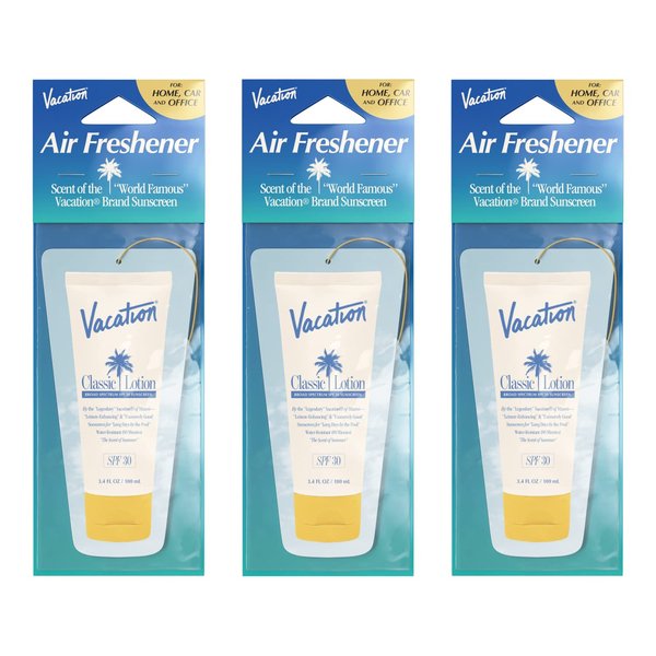 Vacation Air Freshener 3-Pack, Award Winning Vacation Sunscreen Scent, Car Air Fresheners for Women + Men, Closet, Drawer and Purse Freshener, Air Freshener for Home, Office Scent For Desk (Pack of 3)