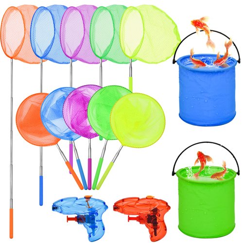 14Pack Kids Telescopic Butterfly Nets Foldable Buckets and Kids Water Gun Set Colorful Fishing Bugs Nets Outdoor Tools for Kids Catching Insect Net Extendable Anti Slip Grip Fishing Nets