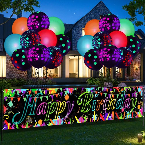 Neon Birthday Decorations Glow Neon Birthday Party Banner Yard Sign and 20Pcs Glow in The Dark Birthday Balloons (Under Uv Blacklight Reactive) Colorful Graffiti Black Light Party Supplies for Yard