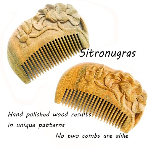Sitronugras Pocket Size Green Sandalwood Hair Comb，No Static Natural Hair Comb – Fine Tooth Wooden Comb for Women Kids with Flower carved 2pcs with free pouch
