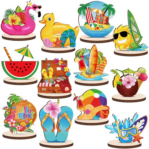 Geetery 12 Pcs Wooden Summer Themed Party Table Decorations Beach Table Sign Standing Centerpiece...