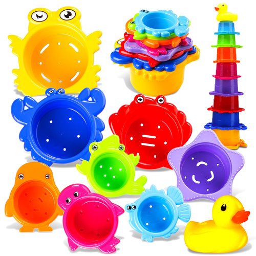 Stacking Cups Bath Toys for Toddlers, Rainbow Bath Cups for Baby 1-3 Years Old, Safe Infant Nesting Cups with Rubber Duckie for Fun Bath Time, Birthday Stocking Stuffers Early Learning Educational Toy