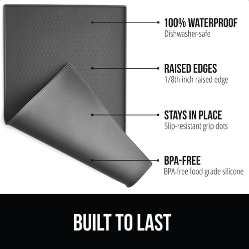 Gorilla Grip 100% Waterproof Raised Edge BPA Free Silicone Pet Feeding Mat, Dog Cat Food Mats Contain Spills Protects Floors, Placemats for Cats and Dogs Water Bowl, Pets Accessories 16x10, Charcoal