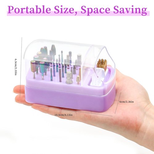2 in 1 Nail Drill Bits Holder & Nail Drill Bits Cleaning Brush Case 30 Holes (Purple)