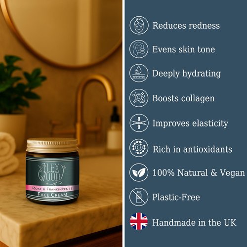 The Ilex Wood - Rose and Frankincense Face Cream - 100% Natural, Vegan, Moisturising, Anti Ageing, Wrinkle and Line Reducing Ingredients - 60ml (2.03 fl oz)