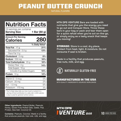 MTN OPS Venture Bar | Peanut Butter Crunch Energy Bar | 10g Protein + Gluten-Free Nutrient Dense Peanut-Based Raw Energy Bar | 10 Bars per Box