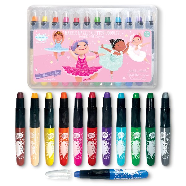 The Piggy Story Glitter Gel Crayons, Set of 12 Crayons in Dancing Star Design