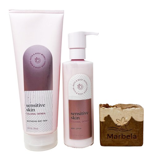 Bath & Body Works Sensitive Skin with Colloidal Oatmeal - Duo Gift Set - Body Wash and Body Lotion With a Yamma Jamma Bar Soap., pink