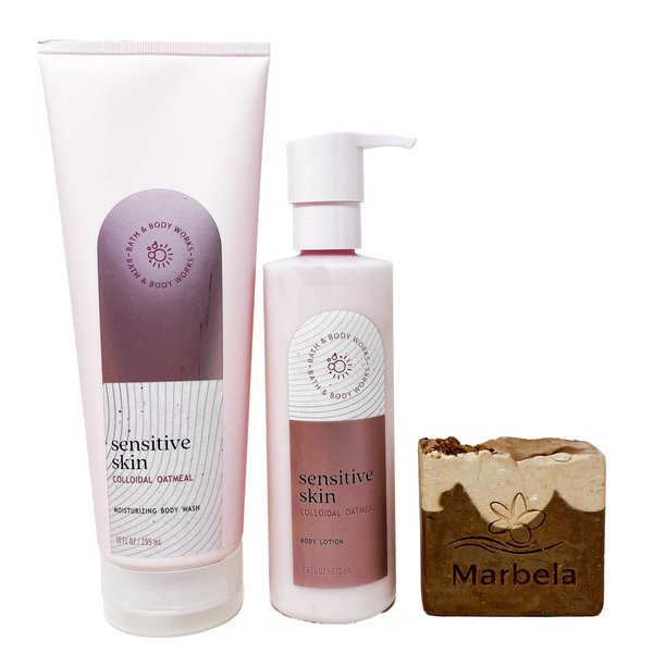 Bath & Body Works Sensitive Skin with Colloidal Oatmeal - Duo Gift Set - Body Wash and Body Lotion With a Yamma Jamma Bar Soap., pink