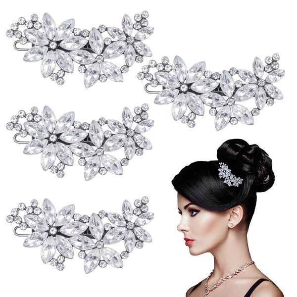 QEEYON 4Pcs Crystal Flower Bridal Hair Clips Rhinestone Hair Clips Silver Bridal Hair Pieces Crystal Headpiece Bridesmaids Bride Wedding Hair Accessories for Women Girls