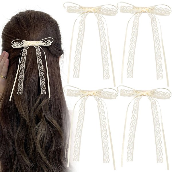 CustomyLife 4pcs Lace Hair Bow Clips Cute White Ribbons Coquette Snap Barrettes Wedding Prom Birthday Halloween Christmas Decorative Accessories for Women Girls