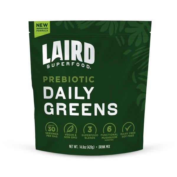 Laird Superfood Prebiotic Daily Greens Powder – Essential Vitamins & Minerals - Prebiotic Fiber, Adaptogen and Fruits & Vegetables – Supports Gut Health – Non-GMO, Vegan - 14.8 oz Bag, Pack of 1