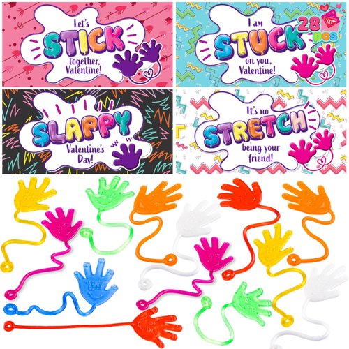 JOYIN 28 Packs Sticky Hands with Card Headers for Kids Party Favor, Classroom Exchange Prizes, Valentine’s Greeting Cards, Valentine Party Favors, Valentine Exchange Gifts