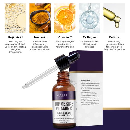 VALITIC Vitamin C Face Serum for Anti Aging - Hyaluronic Acid, Collagen, Kojic Acid, Turmeric Oil Dark Spot Remover Brightening Serum Eyes and Facial Serum Skin Care 1 fl oz