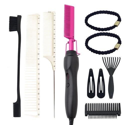 Electric Hot Comb For Black Women Hair Straightening Combs Set For Wig With Rat Tail Comb Wide Combs Hair Clips Ties Heated Press Comb Styling Tool Gifts For Chrismtas Birthday peines para cabello