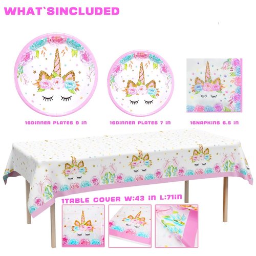 Unicorn Party Decorations, Perfect Unicorn Birthday Party Supplies Set for Girls – Includes 32 Unicorn Plates, 16 Unicorn Napkins, and 1 Unicorn Table Cover