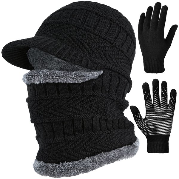 T WILKER 2Pcs Winter Knit Beanie Balaclava Hat Anti-Slip Touch Screen Mittens Set Thermal Ski Mask Cap Unisex for Womens Mens Black