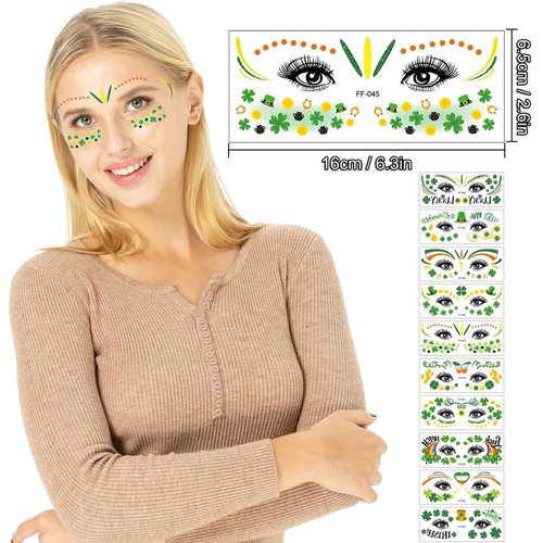 St Patricks Day Tattoos, 10 Sheets of St Patricks Day Face Stickers for Kids, Shamrock Temporary Tattoos Adult, St Patricks Day Decorations Accessories, Irish Stickers Green Face Tattoo Kit