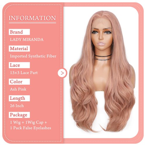 Lady Miranda 26 Inch 13×3 Ash Pink Synthetic Lace Front Wig HD Lace Front Wigs 180% Density Synthetic Lace Front Wigs Pre Plucked Natural Lace Front Wigs Synthetic Hair For Women (26 Inch, Ash Pink)